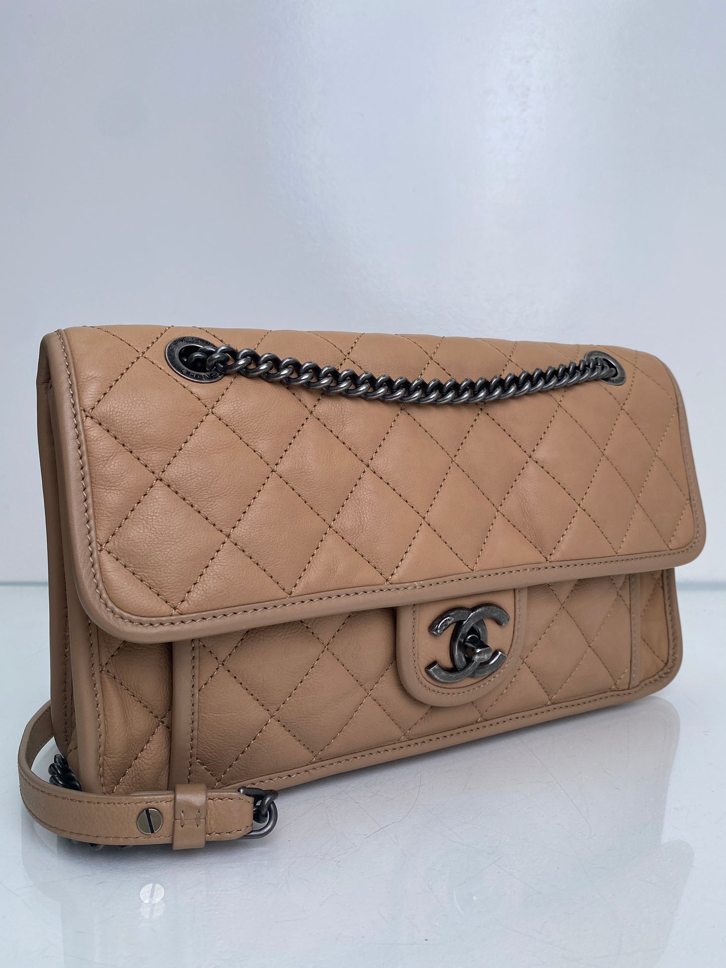 Chanel Beige French Riviera Calfskin Medium Flap RHW