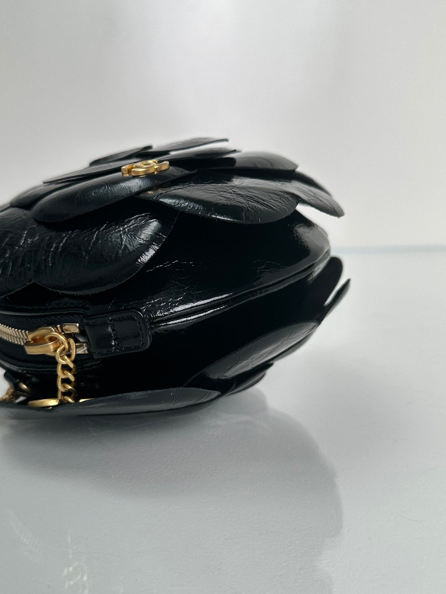 Chanel Black Camellia CC Round Clutch GHW