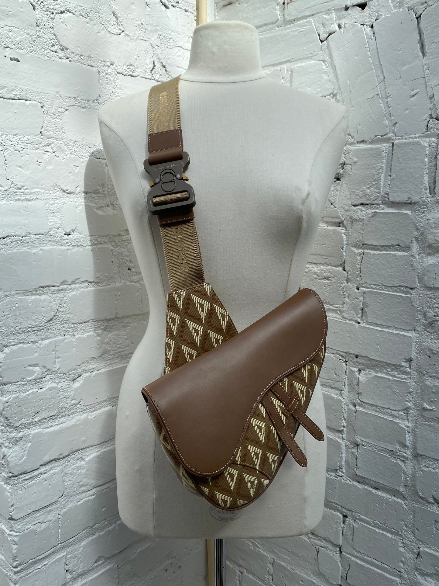 Christian Dior Diamond Logo Canvas Saddle Bag Taupe