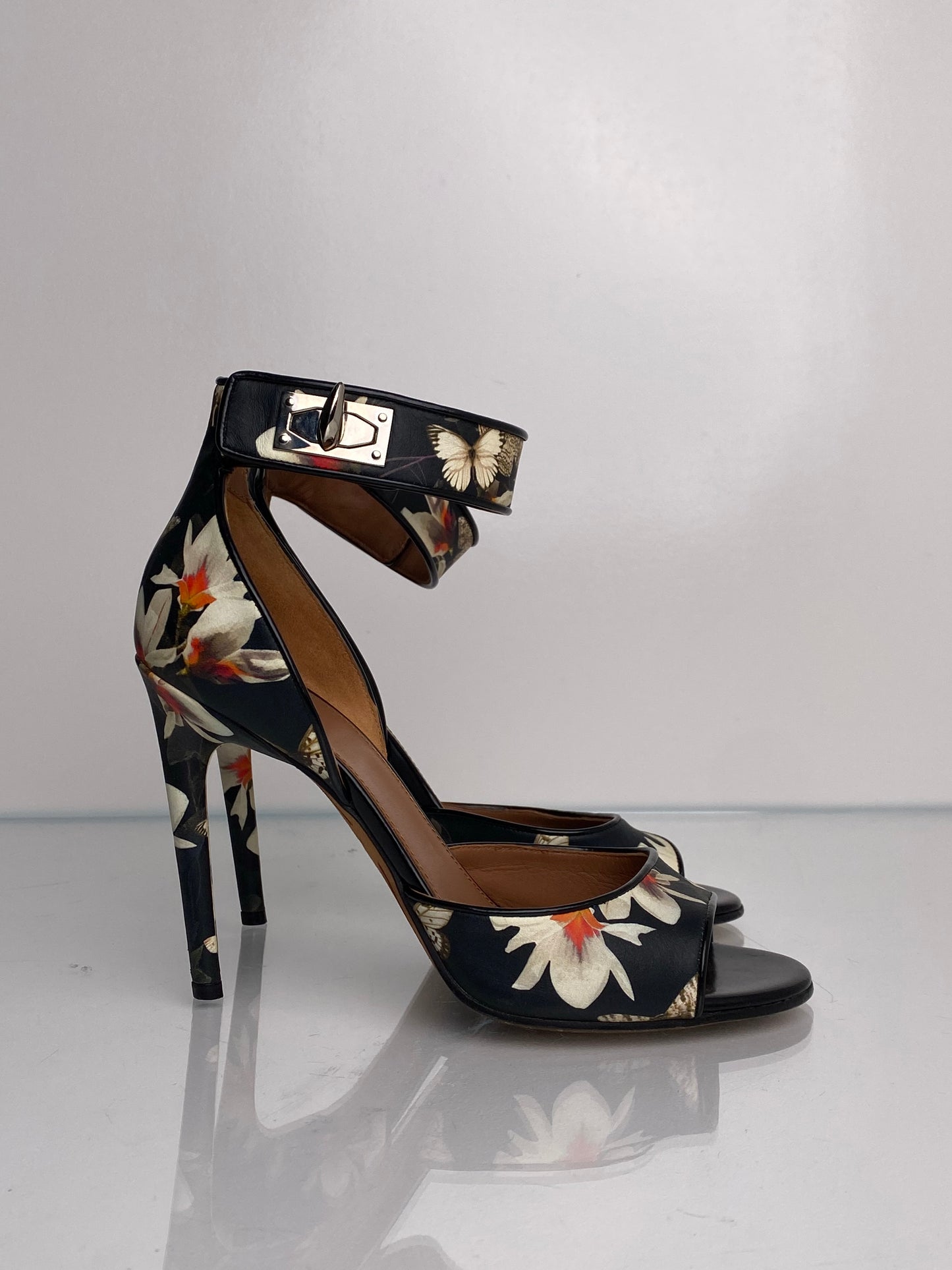 Givenchy Black Floral Leather Sandals, Size 38.5