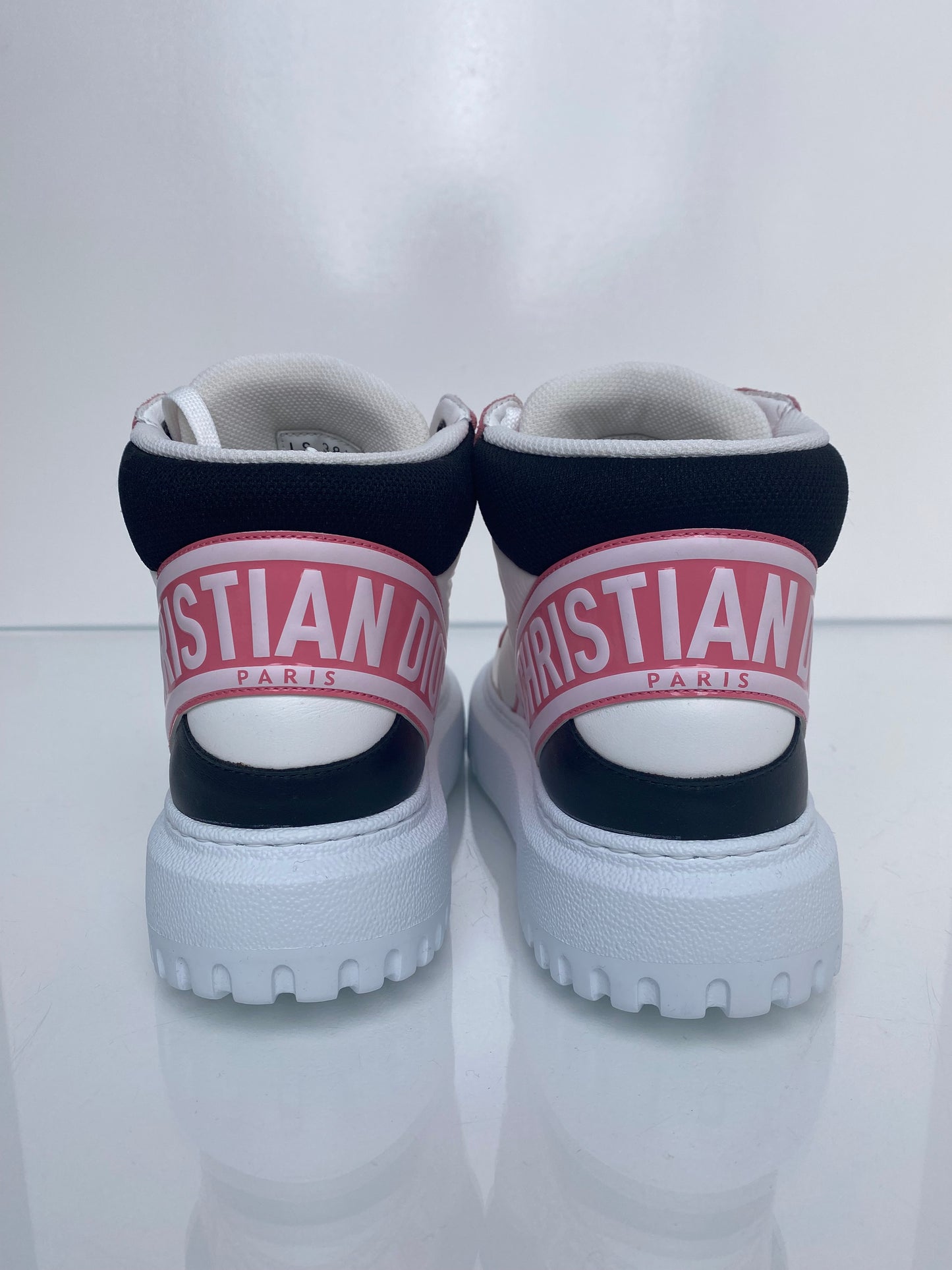 Dior White, Pink, & Tan Patent D Player High Top Sneakers, 38.5