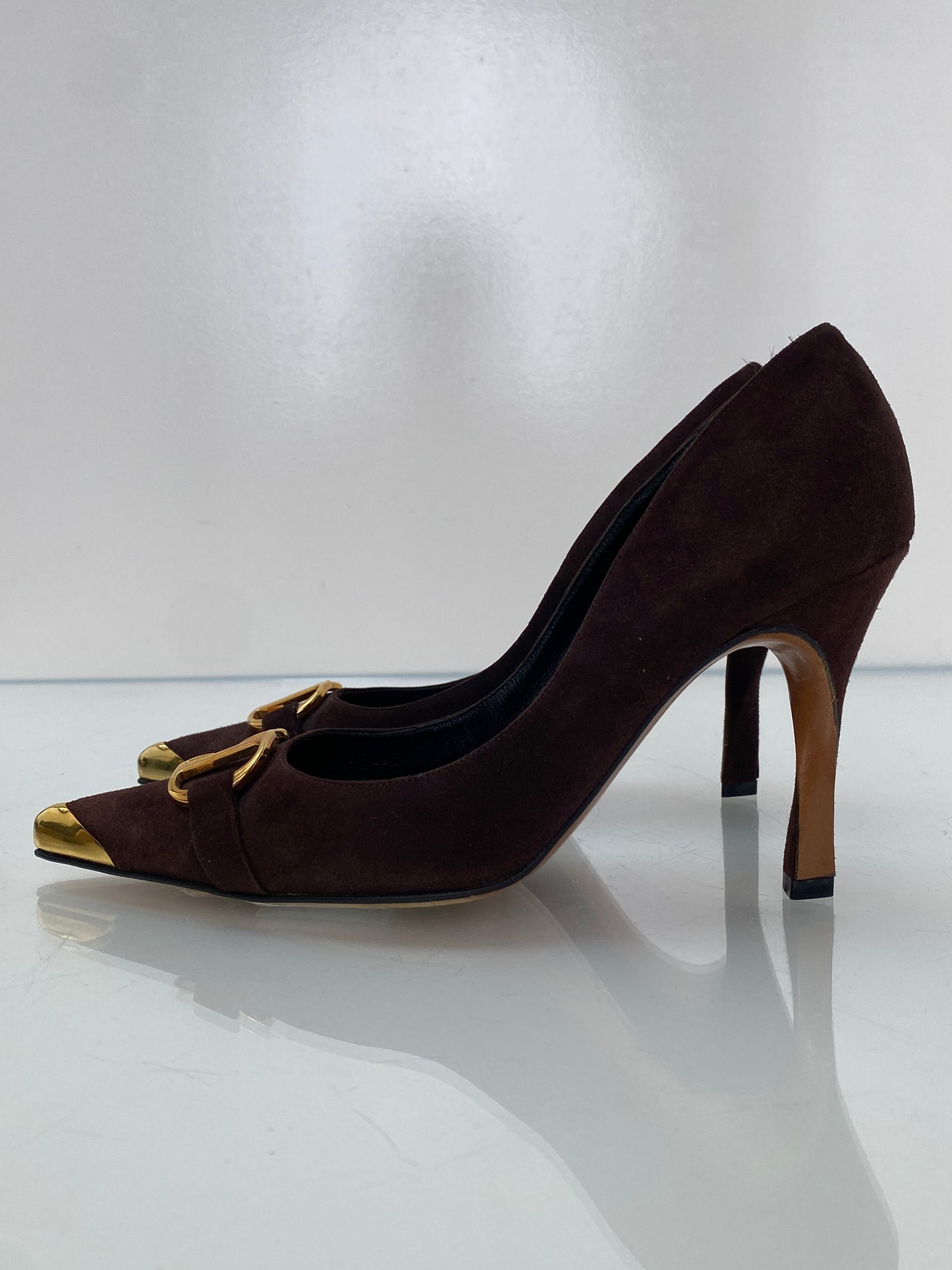 Christian Dior Chocolate Brown Suede CD Logo Twist Heels, 37.5