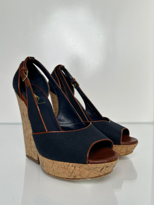 YSL Navy Canvas Wedges, 39.5