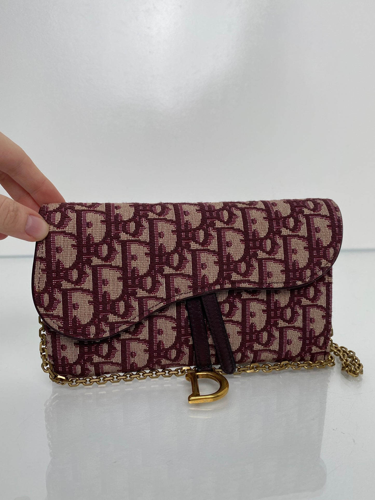 Dior Burgundy Oblique Saddle Wallet on Chain Bag GHW