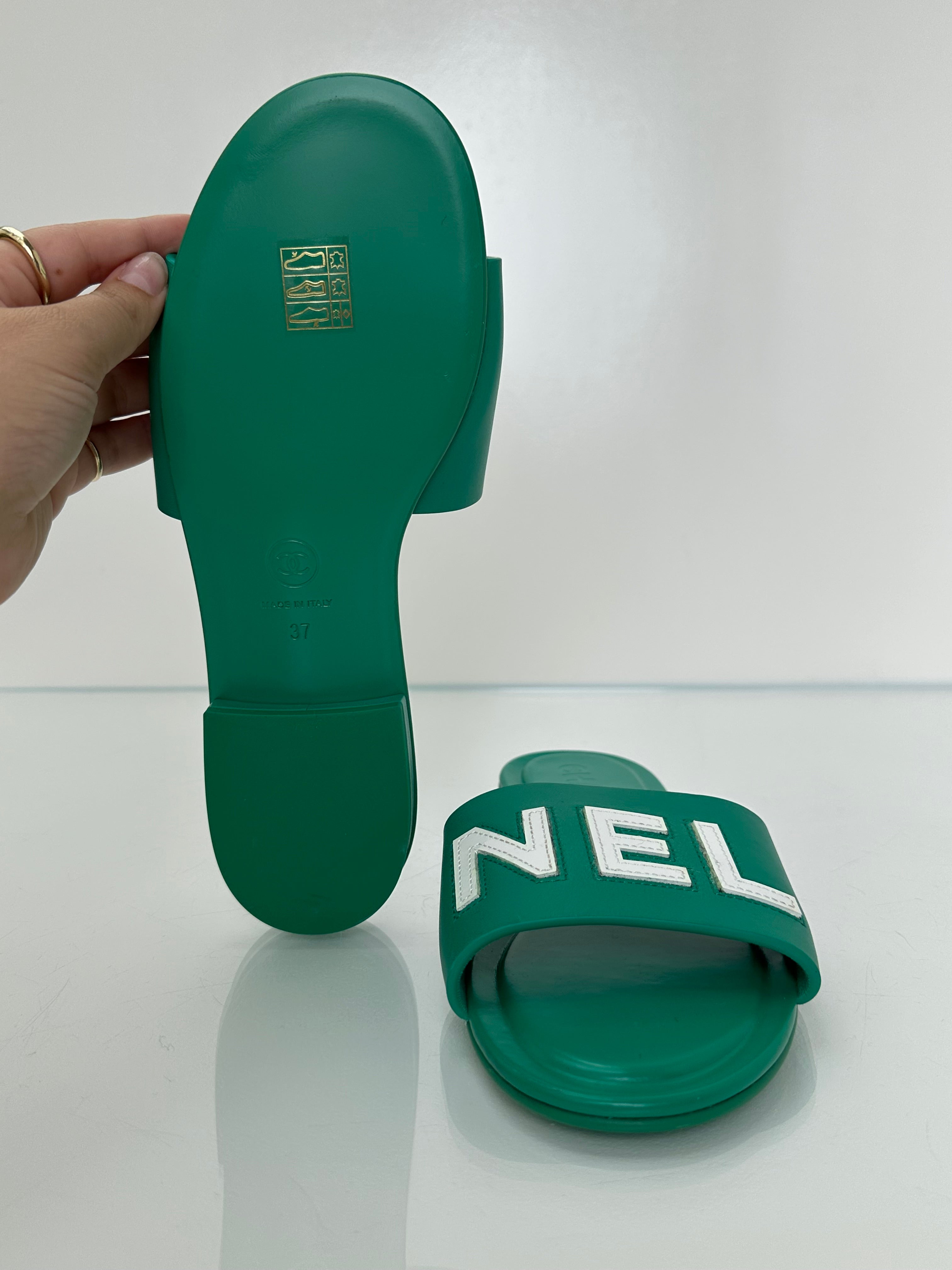 Chanel Emerald Green “CHA-NEL” Sandals, 37