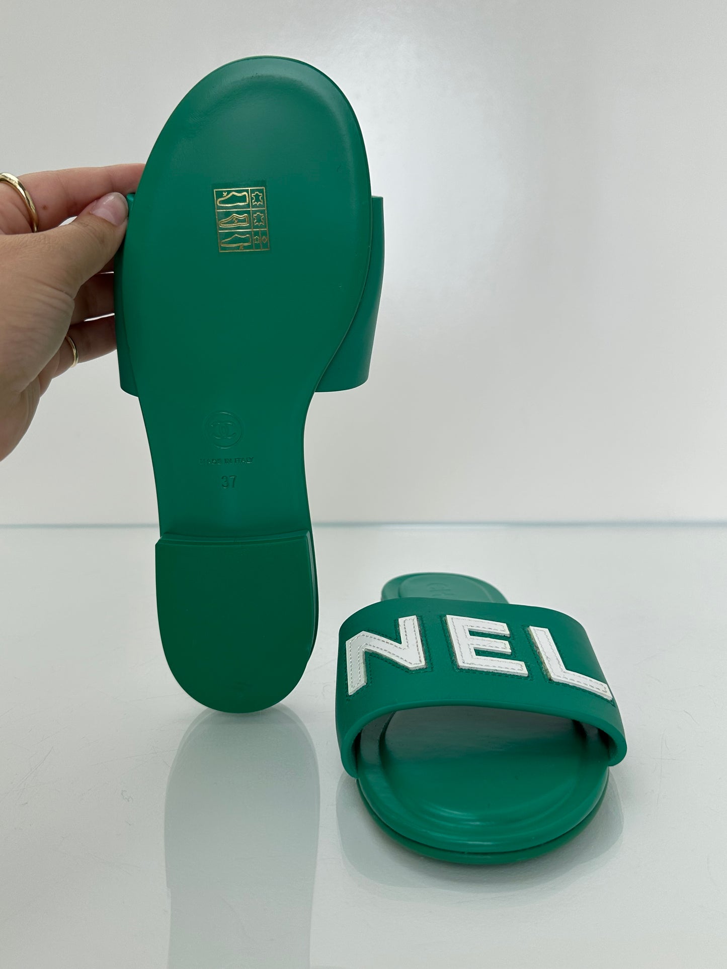 Chanel Emerald Green “CHA-NEL” Sandals, 37