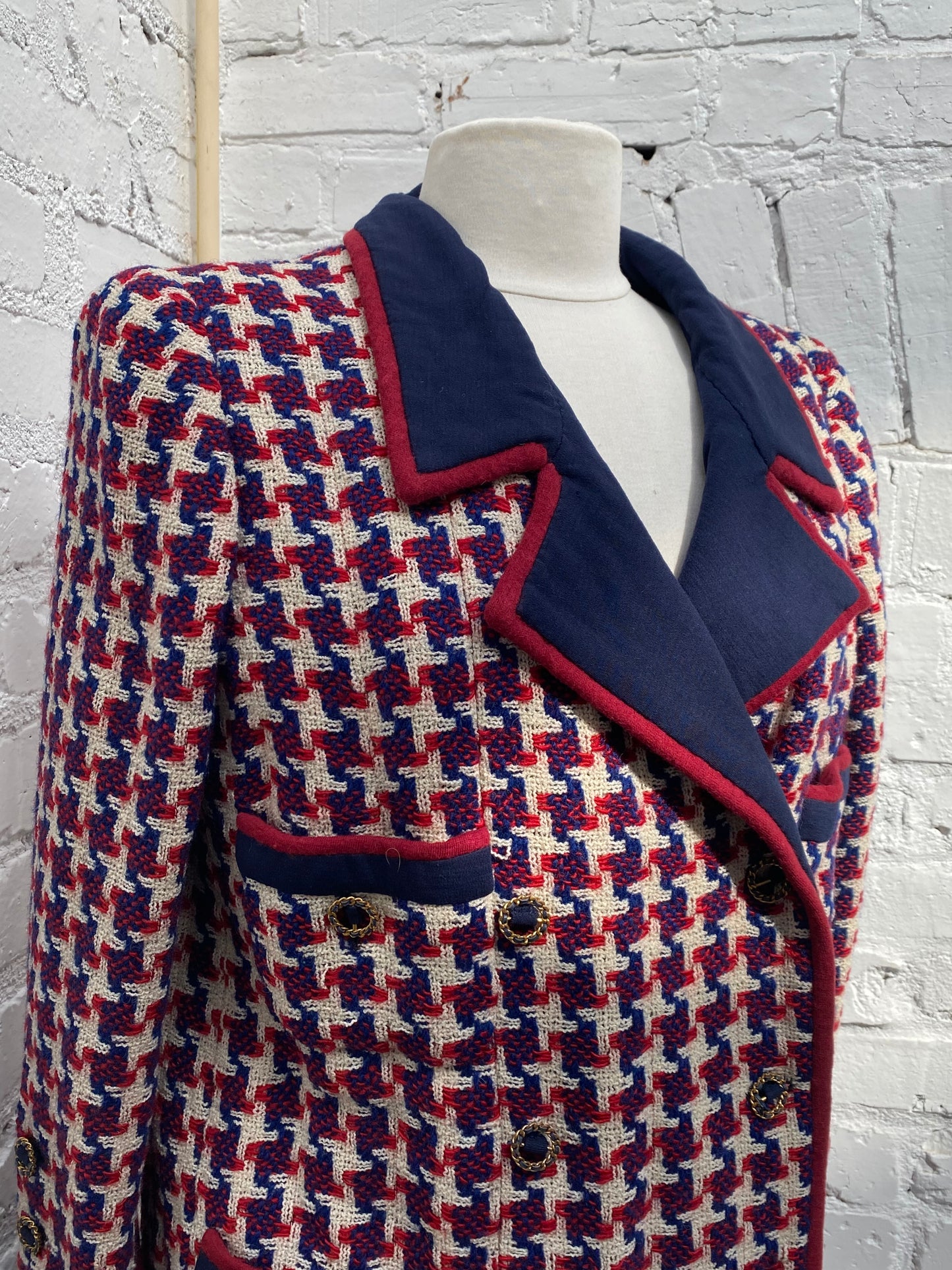 Chanel Red, Navy, & Cream Long Tweed Houndstooth Coat, EST L
