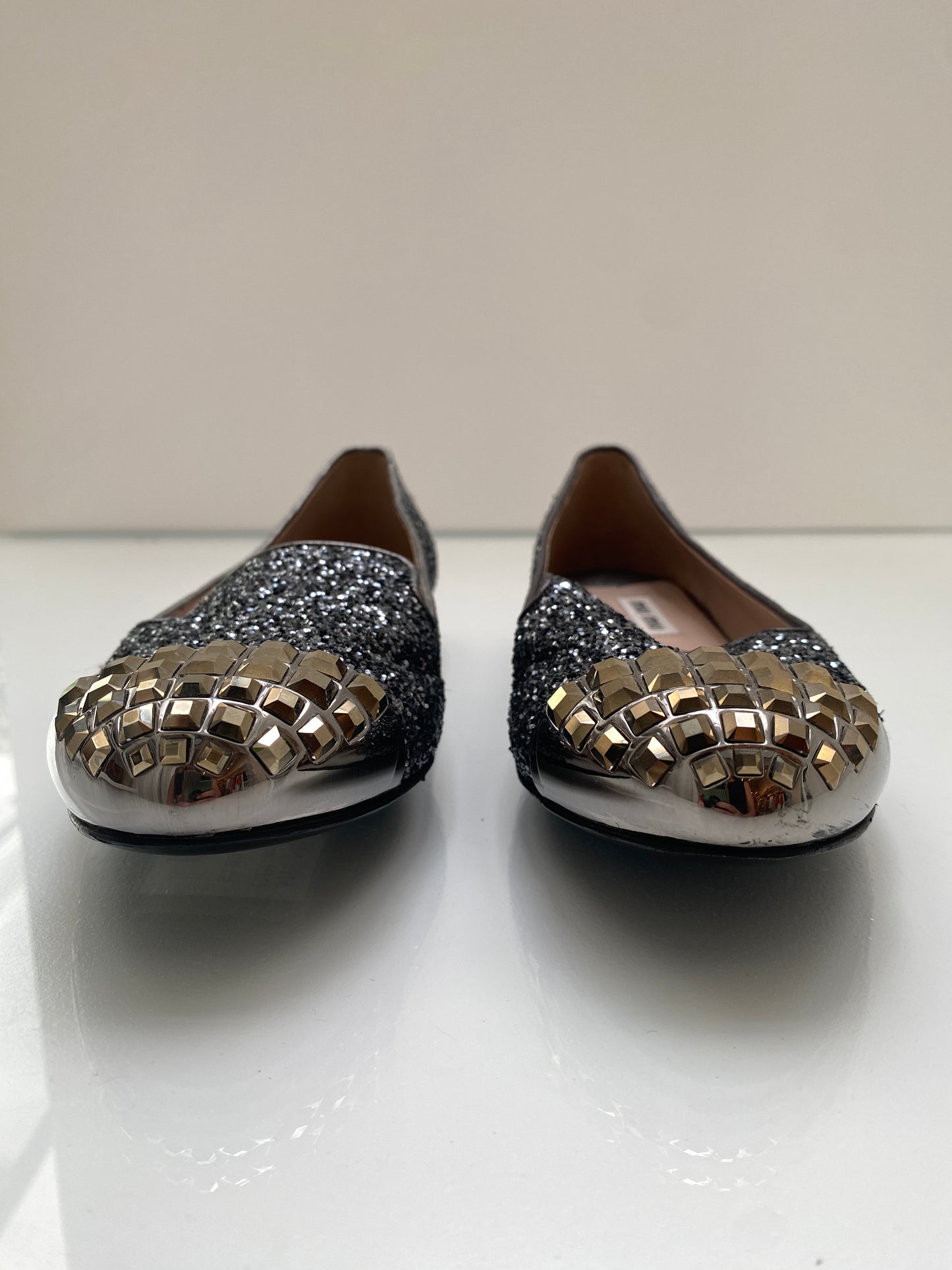 Miu Miu Silver Glitter & Gold Toe Flats, 38