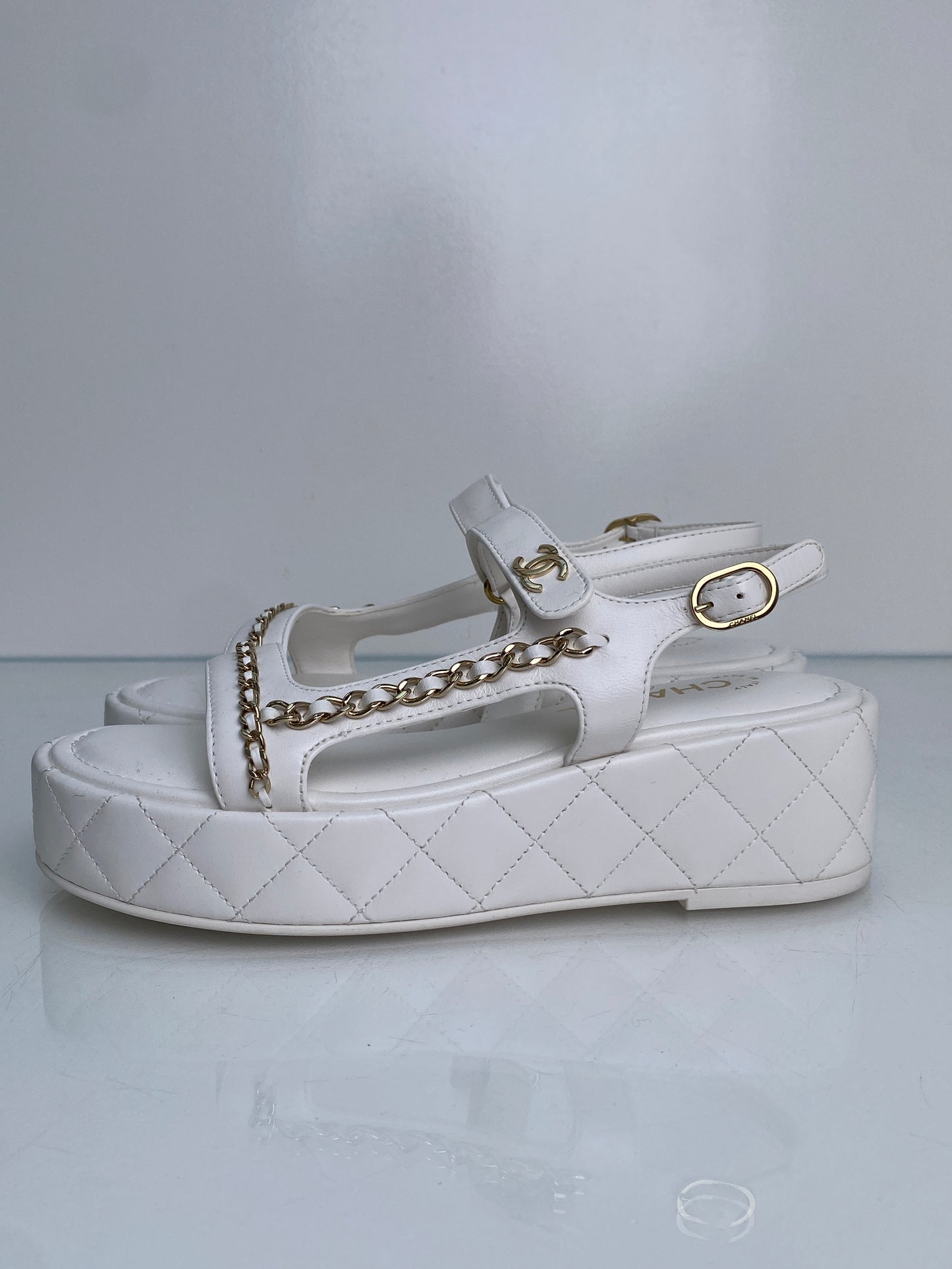 Chanel White CC Chain Platform Sandals, 38.5