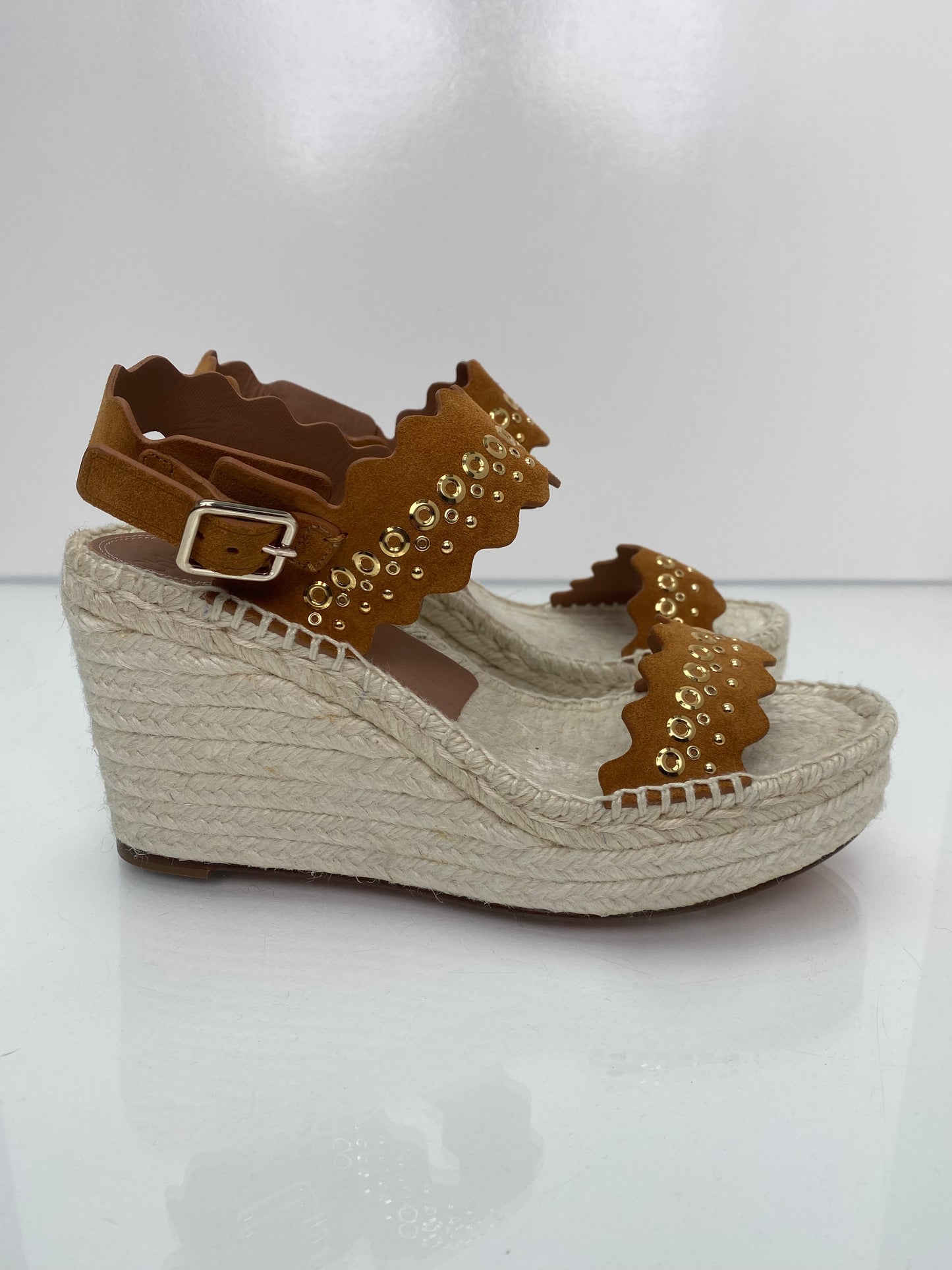 Chloe Brown & Gold Studded Espadrille Wedges, 40