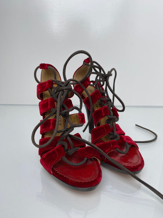 Saint Laurent Red Velvet Heels, 38.5