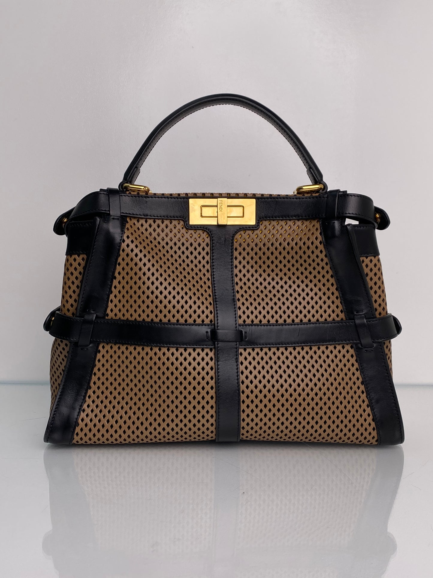 Fendi Peekaboo 2Way Brown & Black Perforated Leather Bag GHW