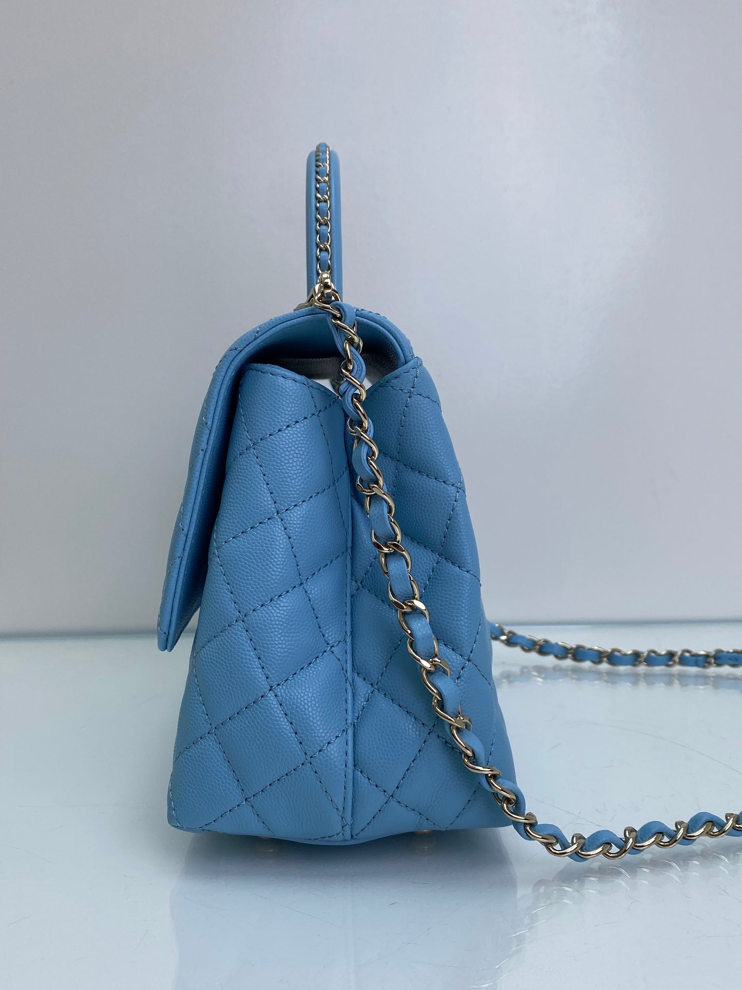 Chanel Coco Handle Medium Baby Blue Chain Detail GHW