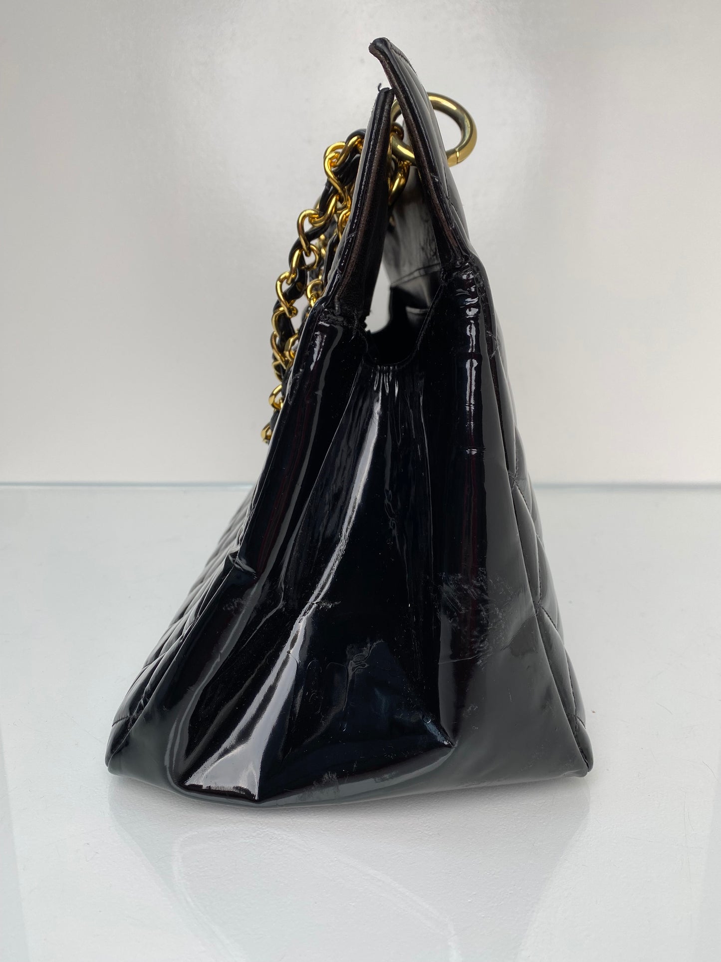 Chanel Vintage Black Patent Quilted Tote Bag GHW