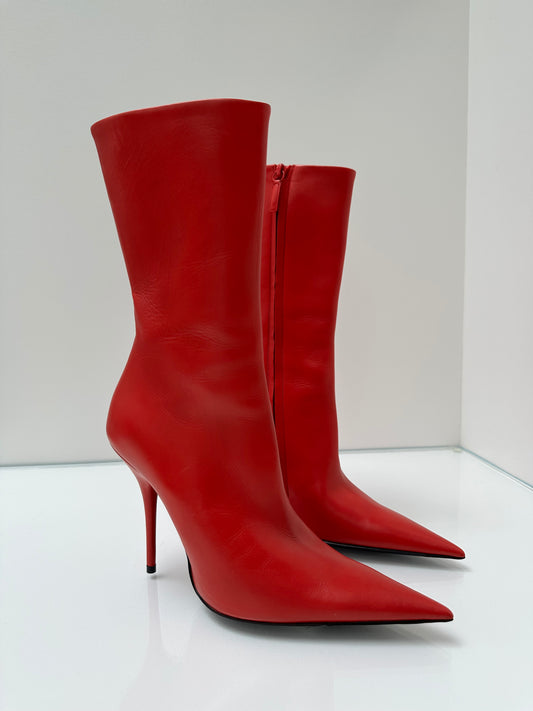 Balenciaga Red Leather Pointed Toe Boots, 38
