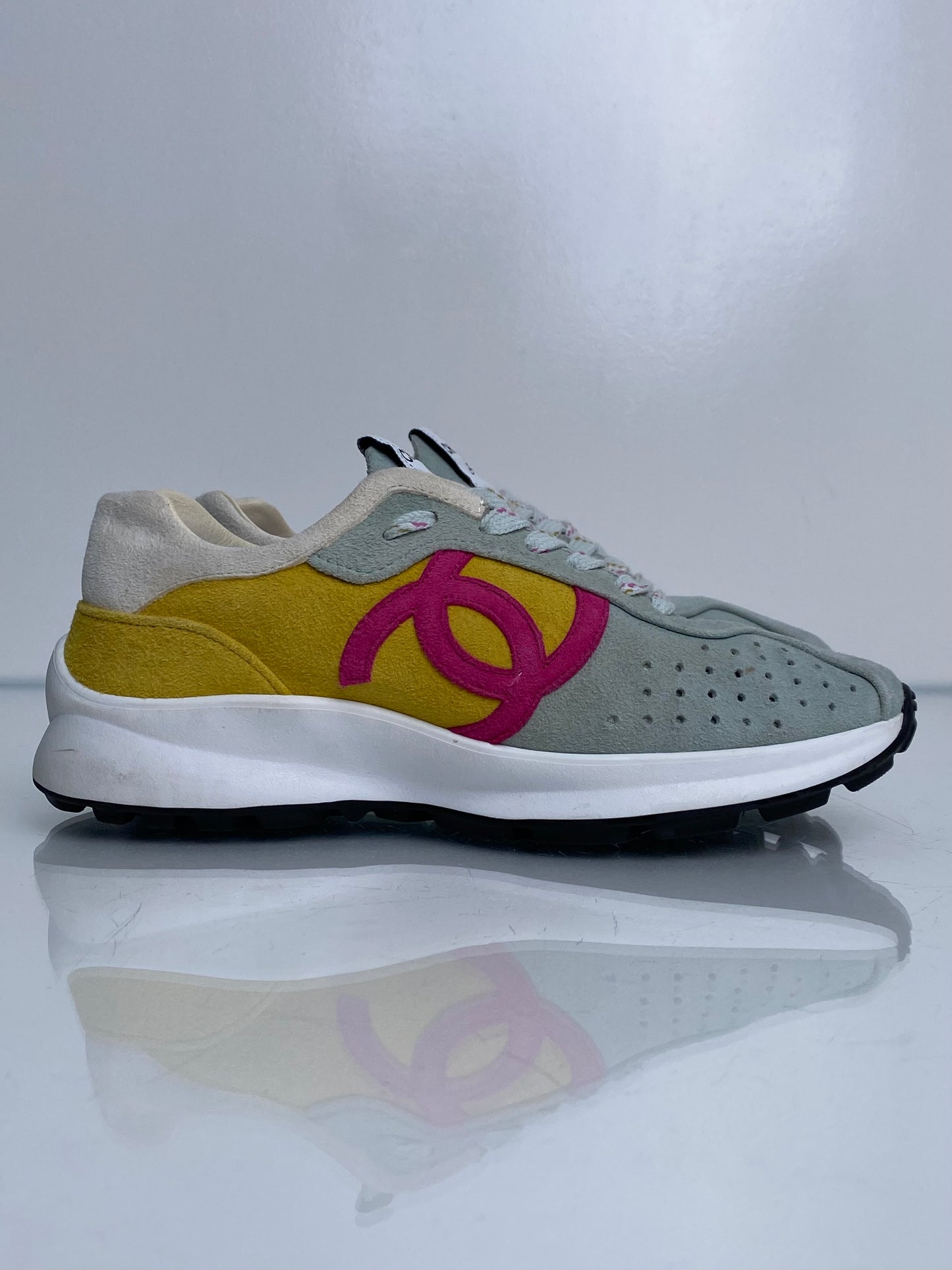 Chanel Blue, Yellow, & Pink Suede CC Sneakers, 36