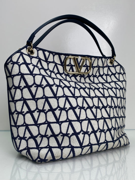 Valentino Navy & Cream Monogram Top Handle Shoulder Bag LGHW (As Is)