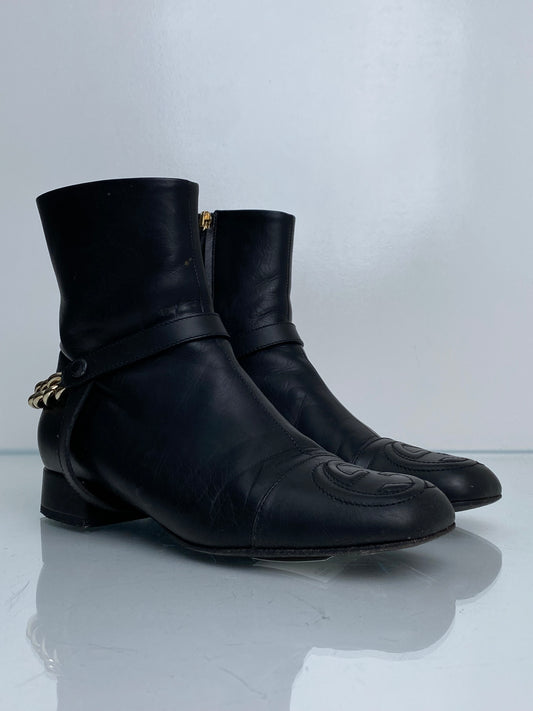 Gucci Black Leather GG Chain Boots, 36.5
