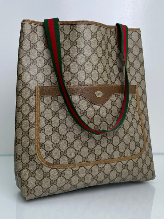 Gucci GG Supreme Vintage Web Stripe Strap Tote Bag TTHW