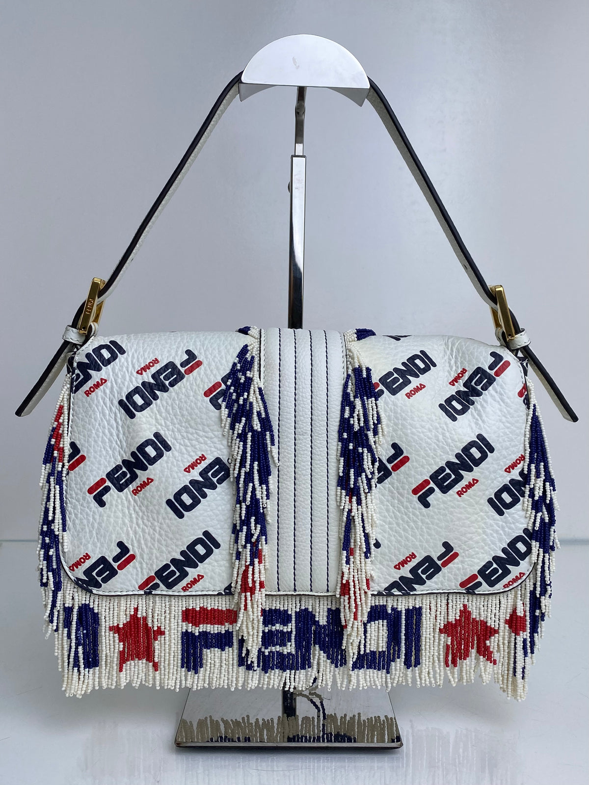 Fendi X Fila Red, White, & Blue Beaded Fringe Mania Baguette Bag GHW