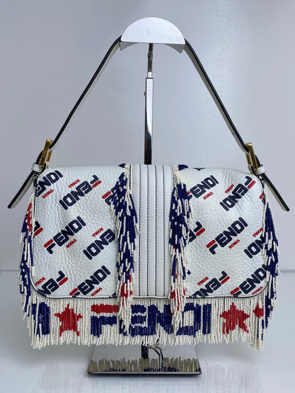 Fendi X Fila Red, White, & Blue Beaded Fringe Mania Baguette Bag GHW