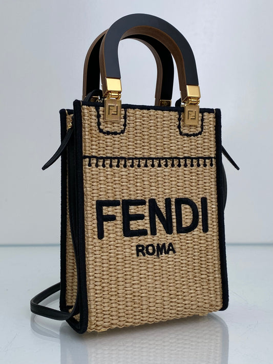 Fendi Tan & Black Raffia Sunshine Mini Shopper Tote Bag GHW