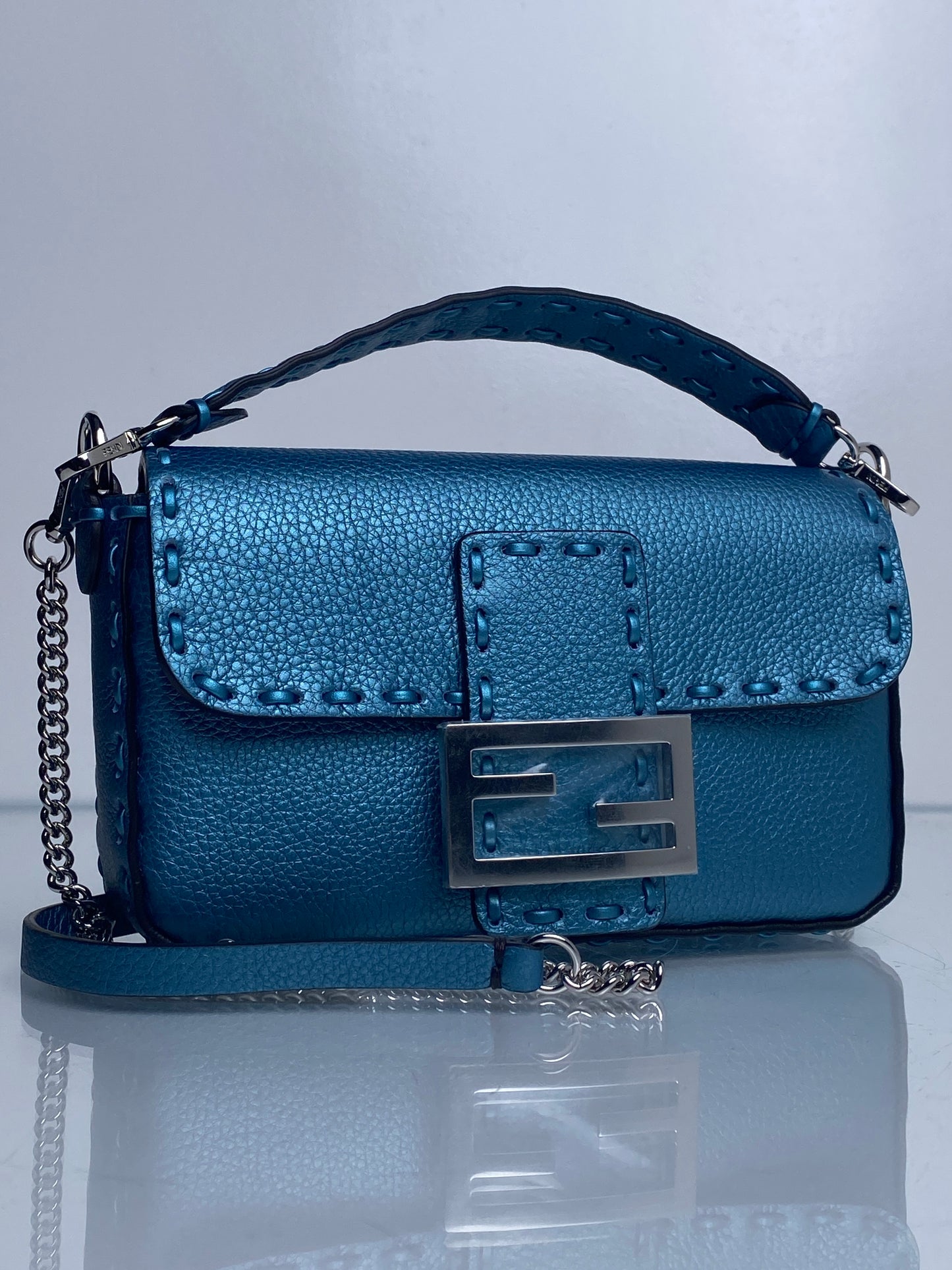 Fendi Teal Mini Salleria Baguette Iridescent SHW