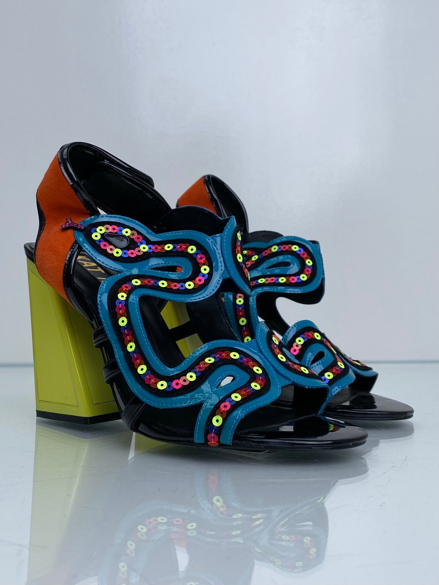 Kat Maconie Neon Yellow, Orange, Blue Sequin Heels, 8