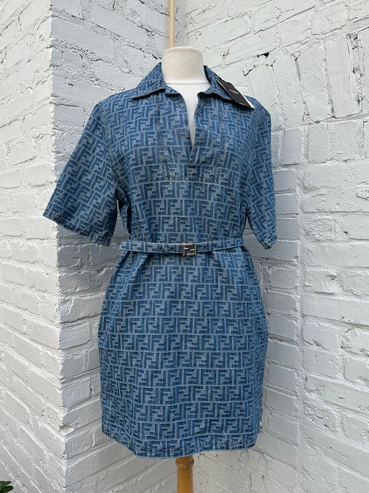 Fendi Blue Denim Zucca FF Belted Dress, 12