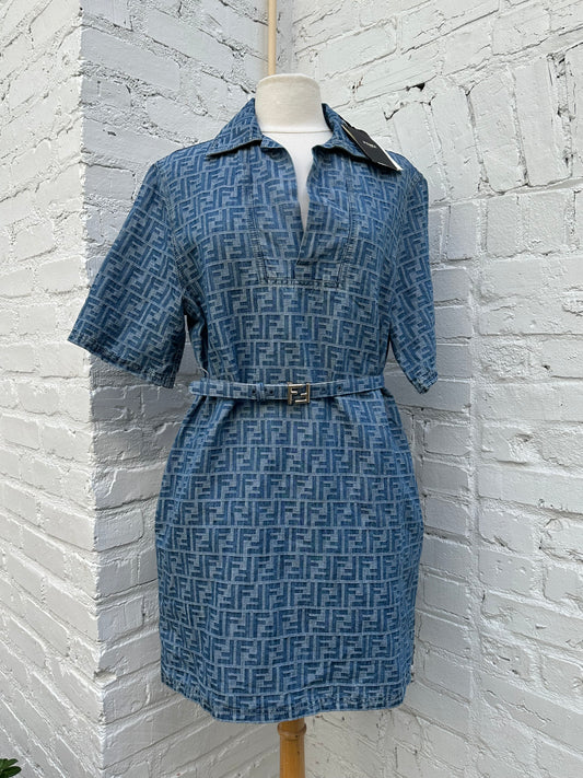 Fendi Blue Denim Zucca FF Belted Dress, 12