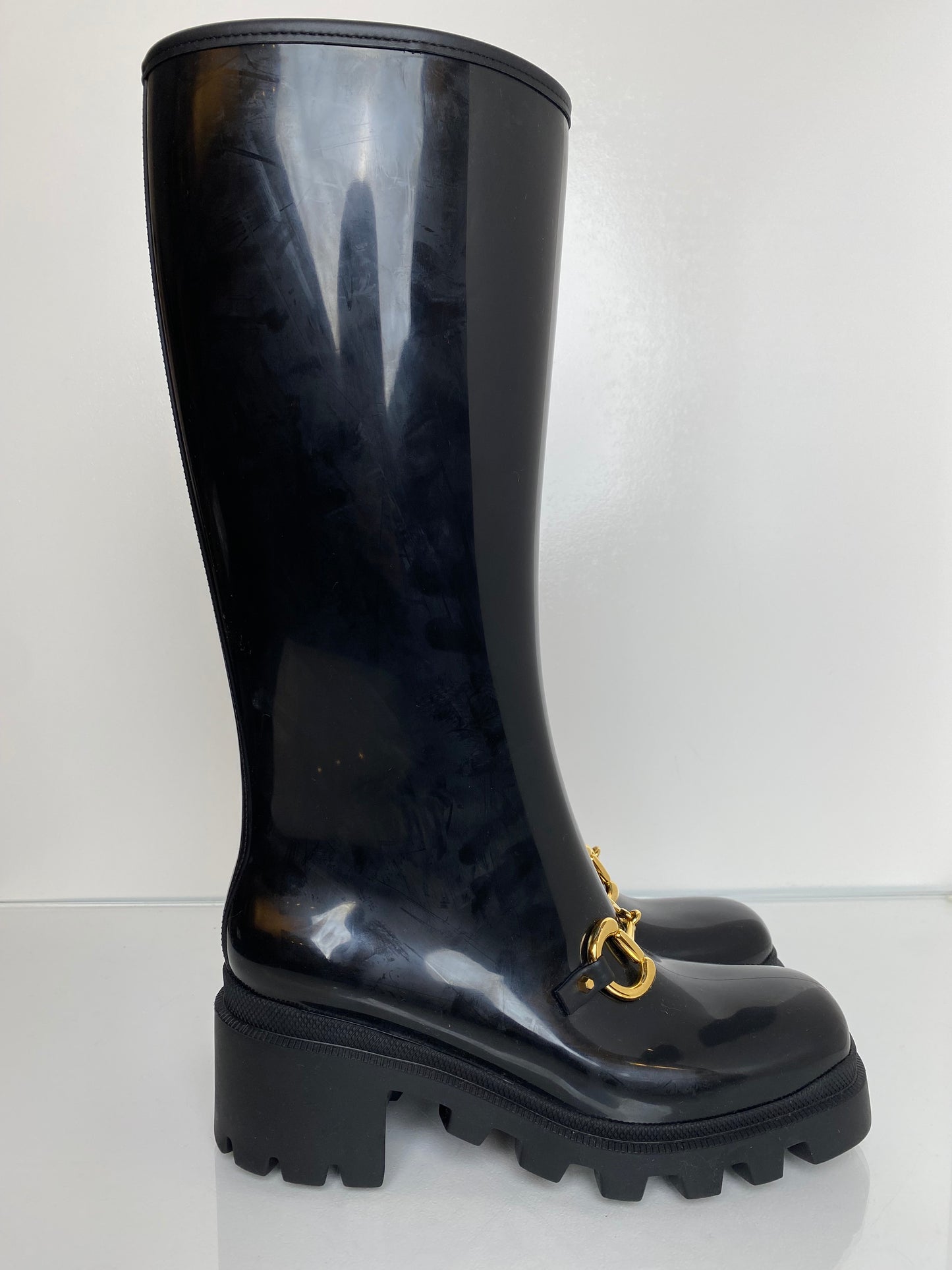 Gucci Black Horsebit Platform Rainboots, 39