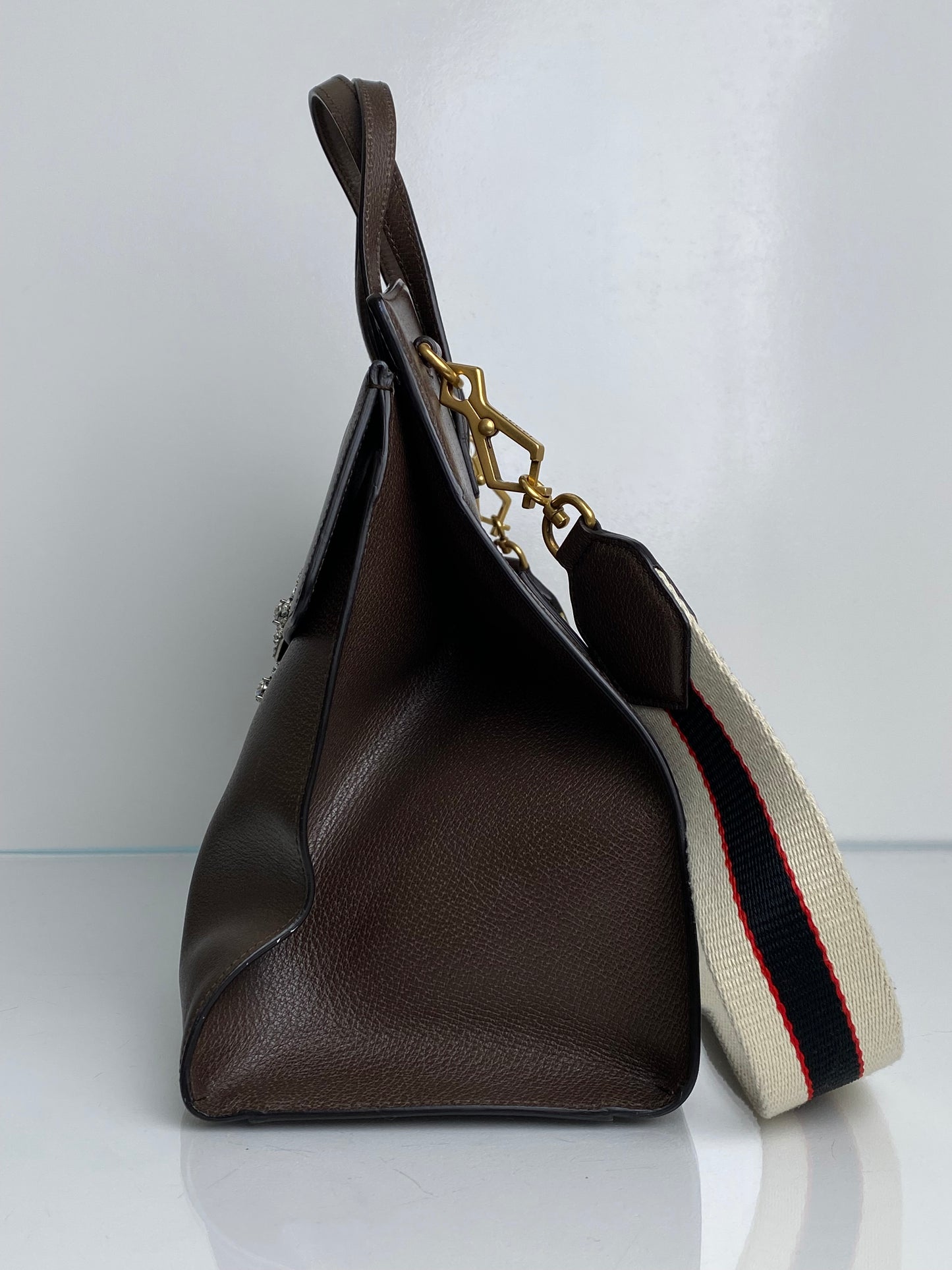 Gucci Brown Linea Totem Web Stripe Tote with Crystal Butterfly GHW