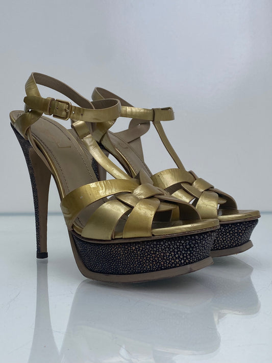 YSL Metallic Gold Platform Tribute Heels, 39.5 (As Is)