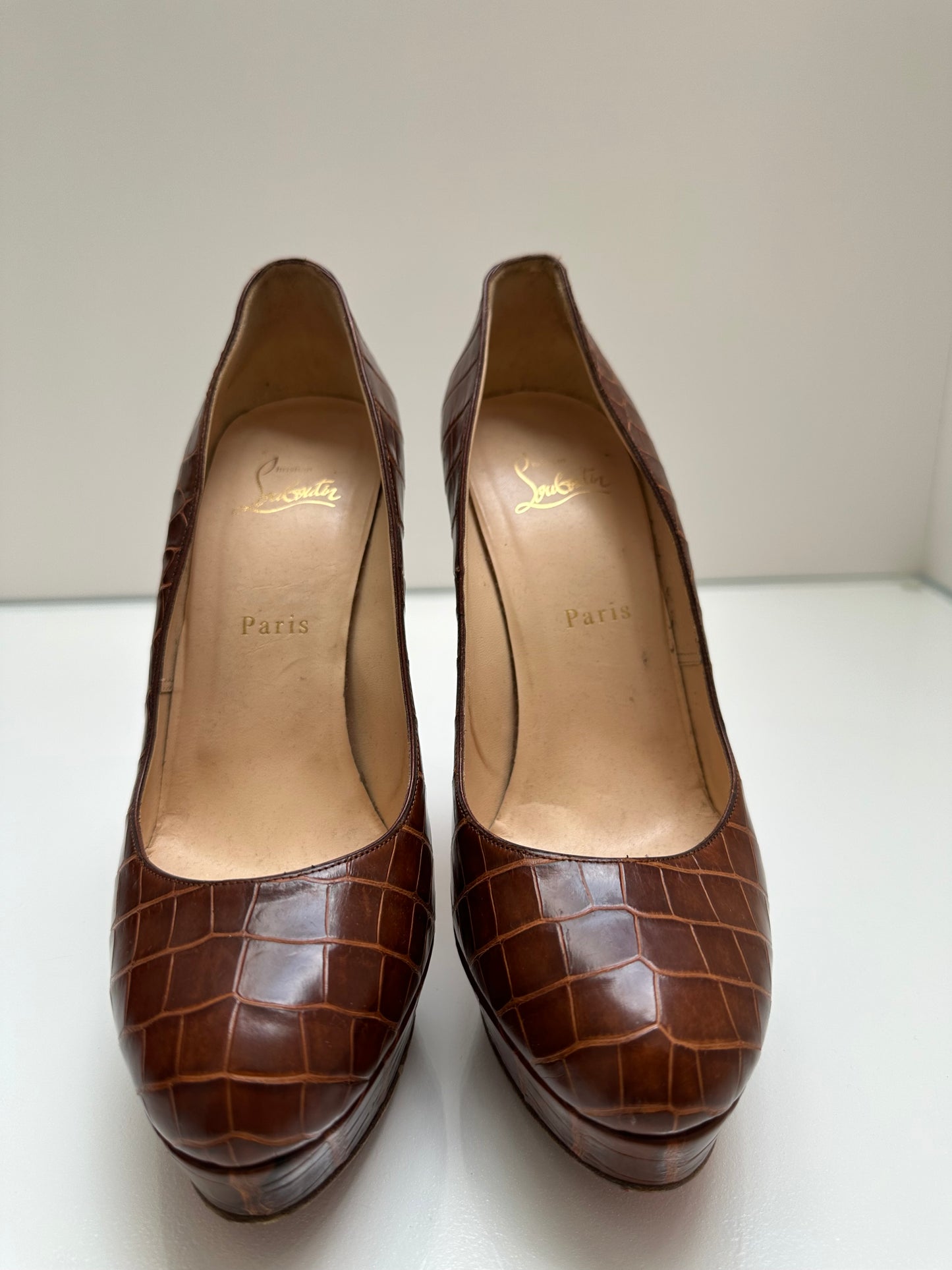 Christian Louboutin Brown Croc Embossed Heels, 39