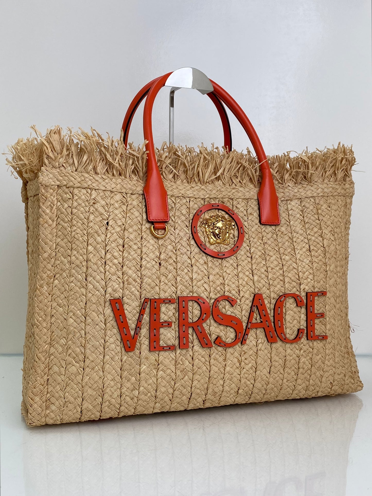 Versace Tan & Orange Raffia La Medusa Tote Bag GHW