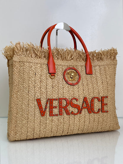Versace Tan & Orange Raffia La Medusa Tote Bag GHW
