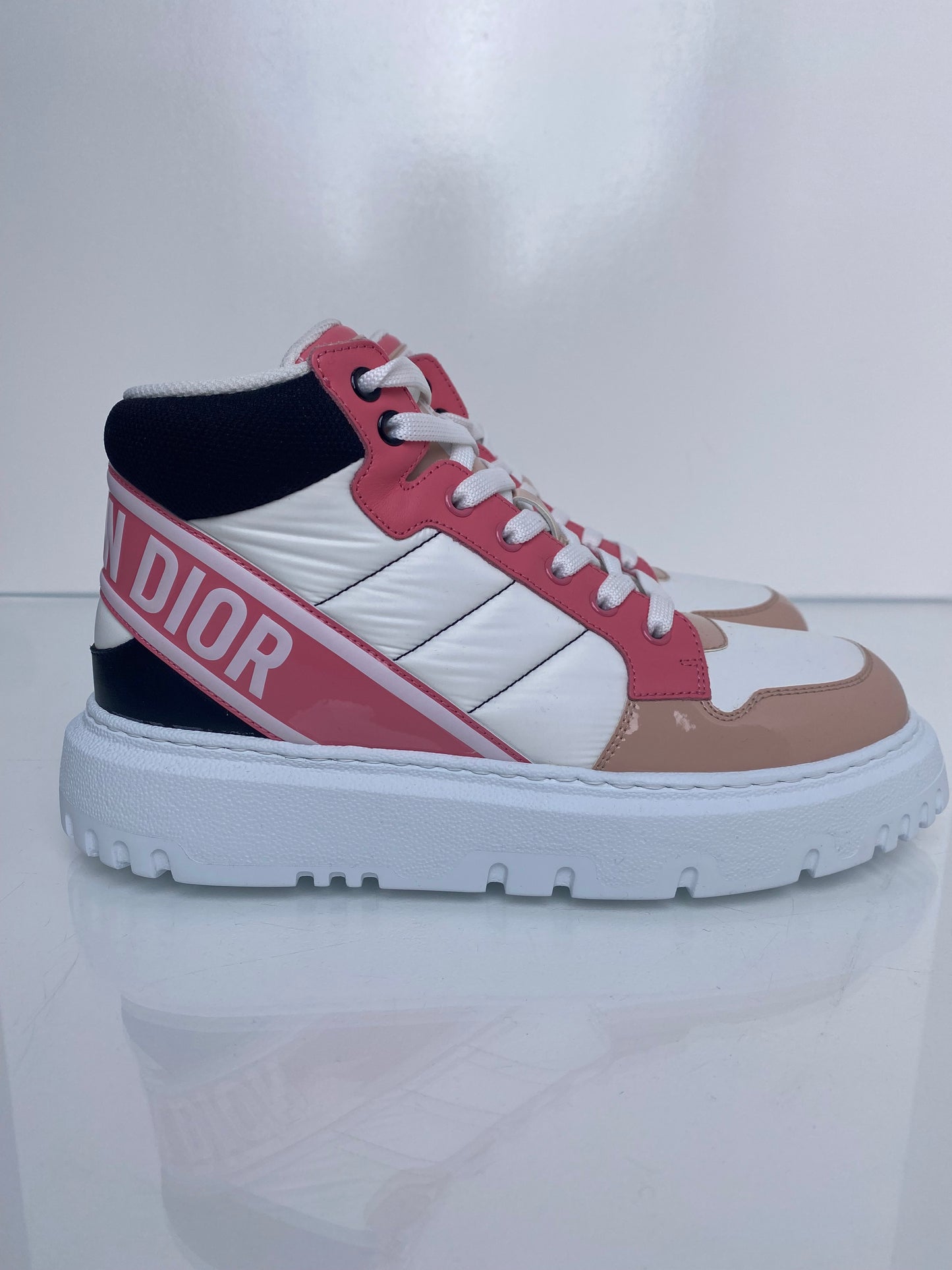 Dior White, Pink, & Tan Patent D Player High Top Sneakers, 38.5