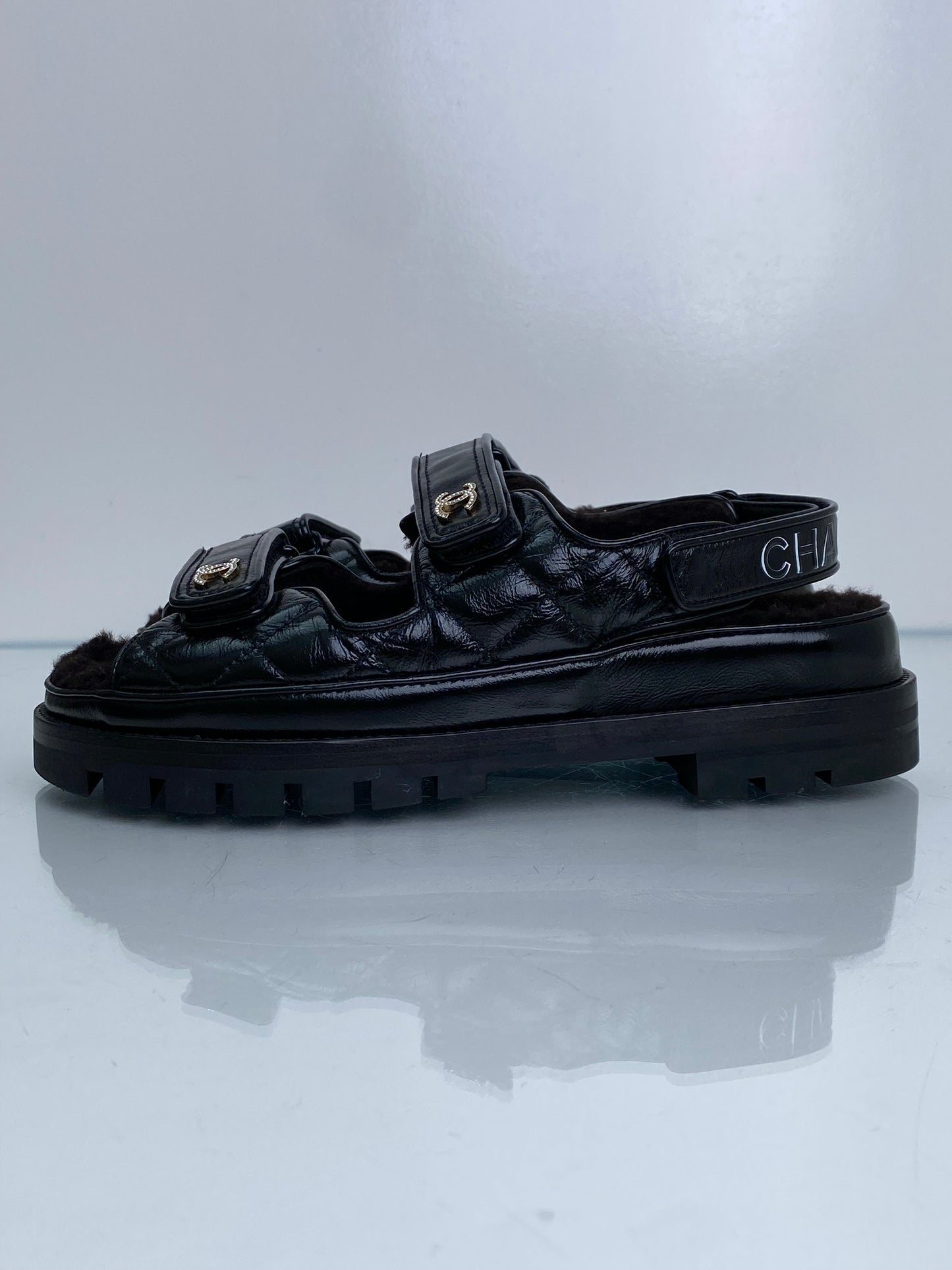 Chanel Black Patent Leather & Shearling CC Dad Sandals, 40