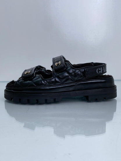 Chanel Black Patent Leather & Shearling CC Dad Sandals, 40