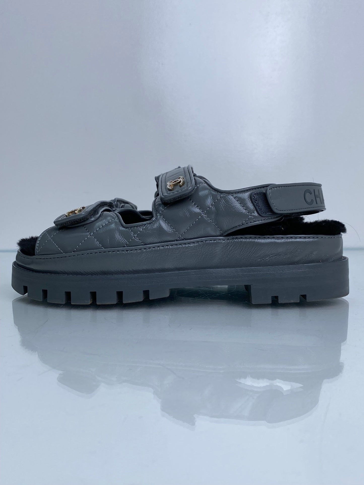 Chanel Grey Patent Leather & Shearling CC Interlocking Dad Sandals, 40