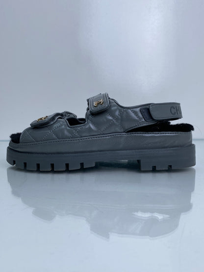 Chanel Grey Patent Leather & Shearling CC Interlocking Dad Sandals, 40