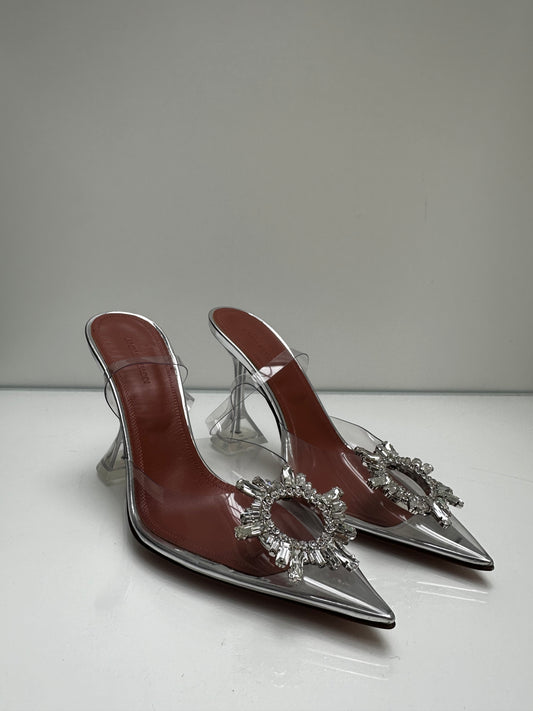 Amina Muaddi Silver Crystal Embellished Heels, 40