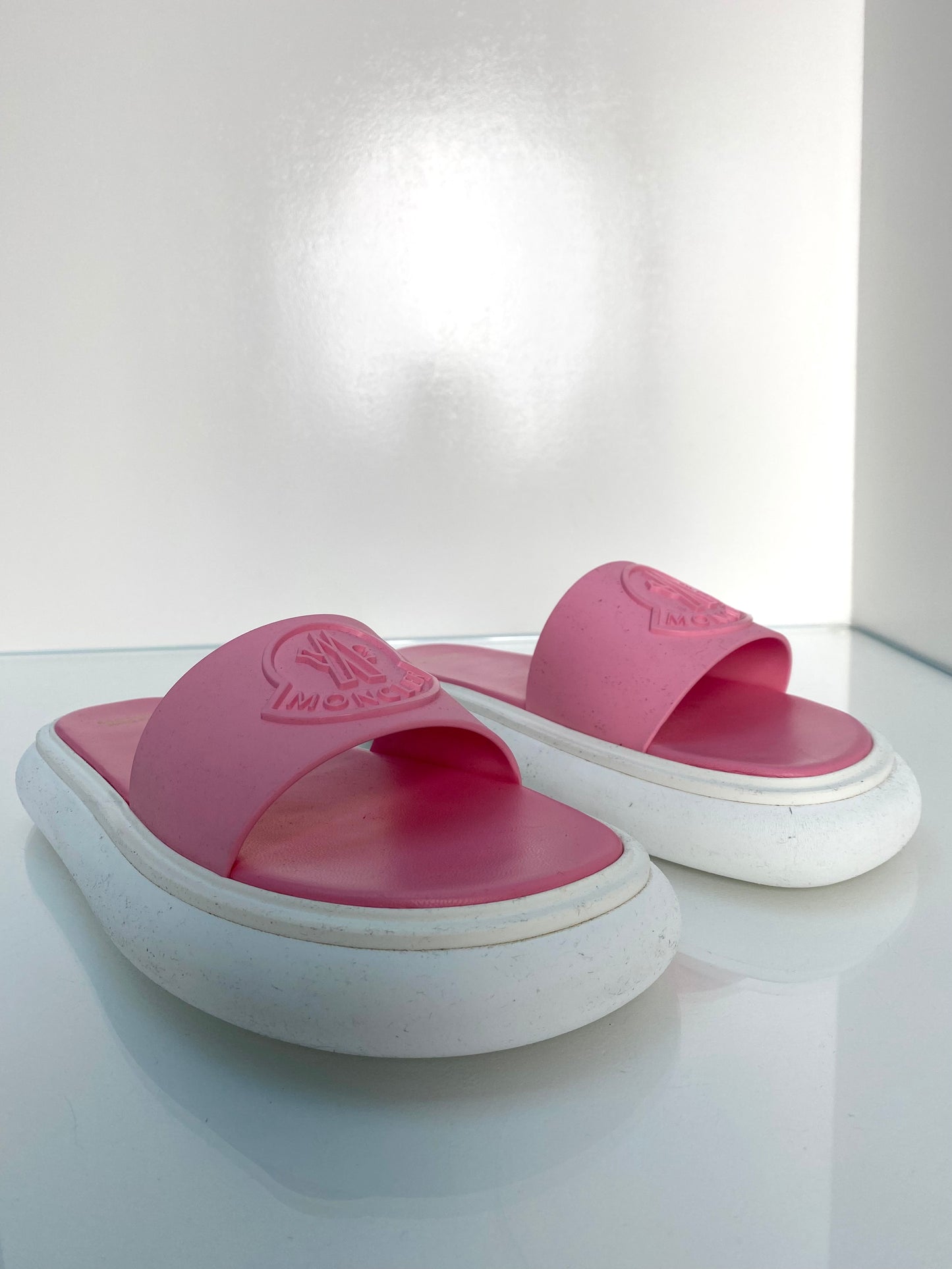 Moncler Pink & White Slides, 41