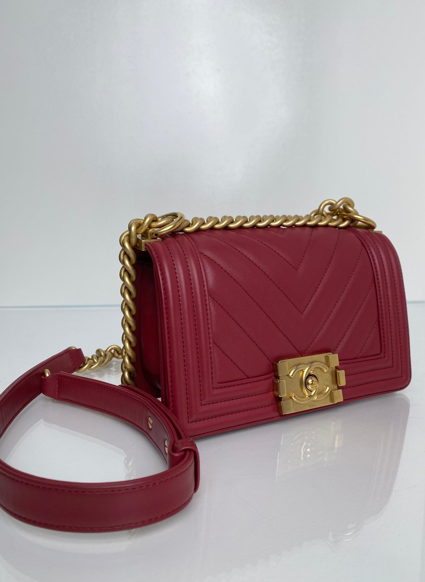 Chanel Boy Bag Red Lambskin Chevron Small GHW