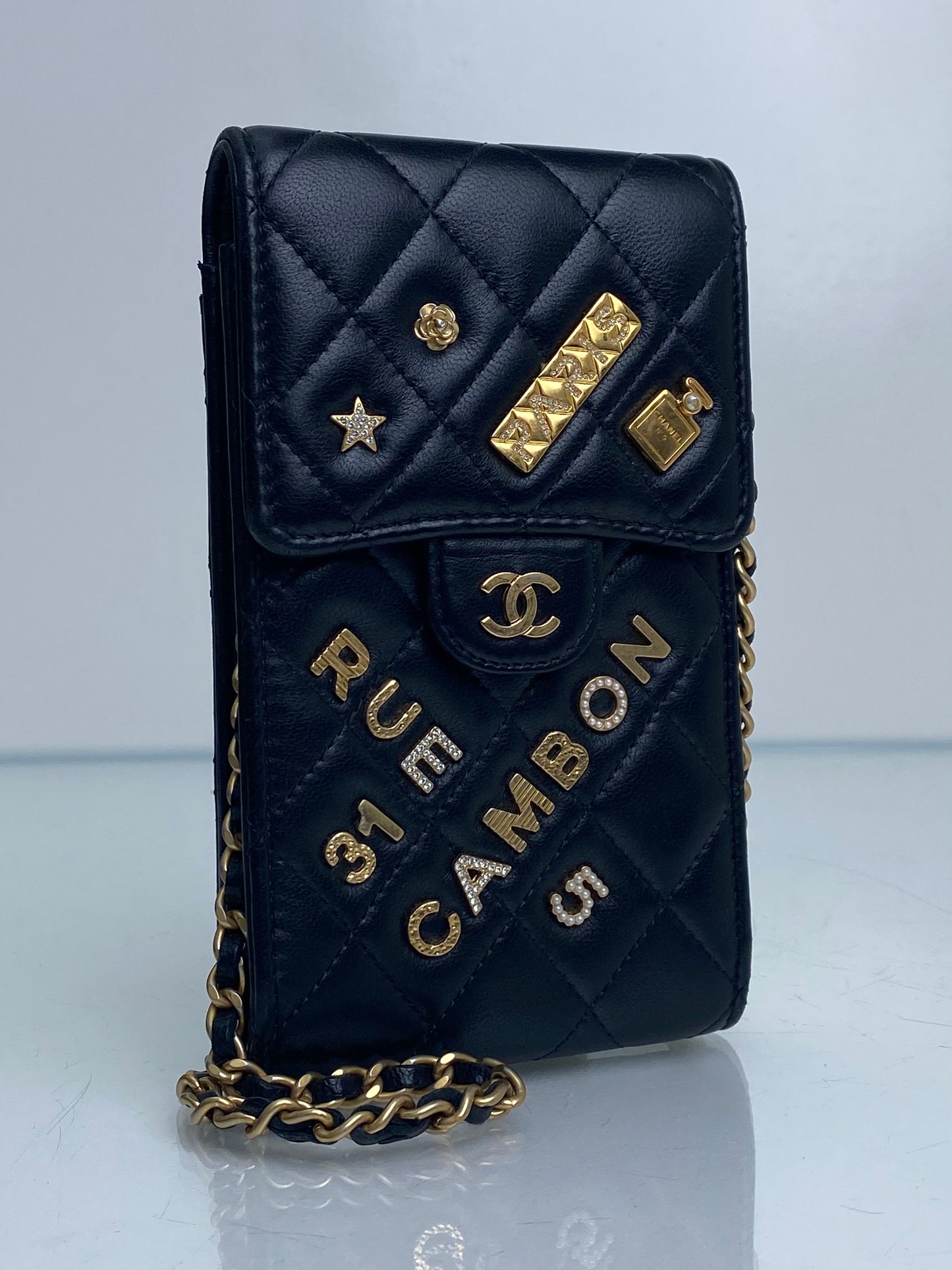 Chanel Black Quilted Lambskin Rue Cambon Phone Holder Crossbody Bag GHW