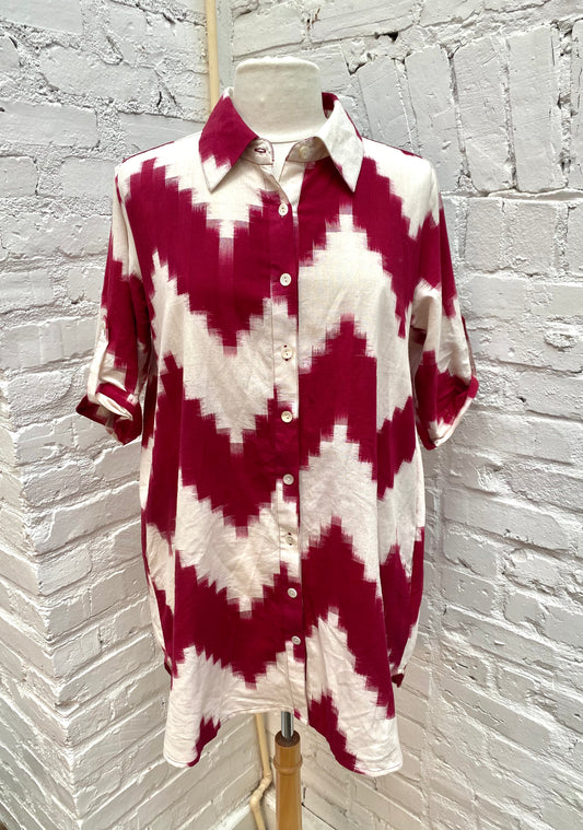 KLEED Burgundy & Cream Button Up Top, S/M
