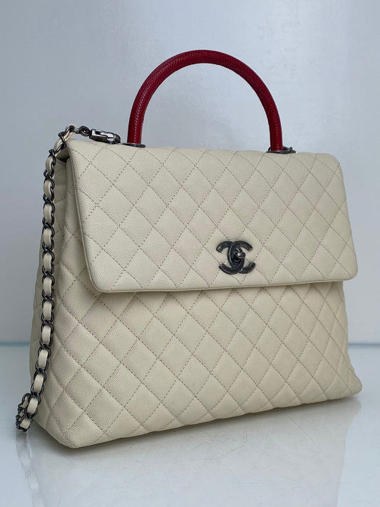 Chanel Cream/Red Lizard Coco Handle Large Bag RHW