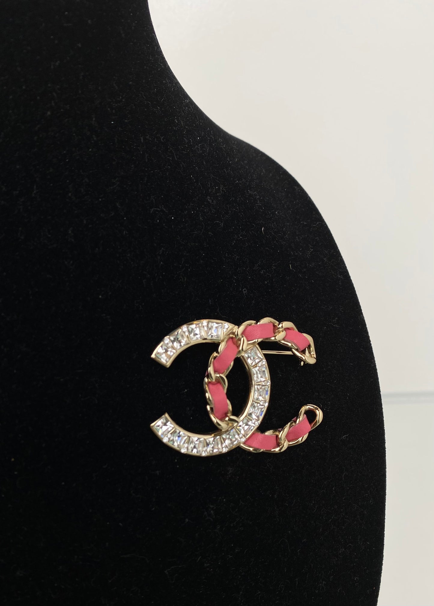 Chanel Brooch Pink Lambskin & Baguette Crystal CC B18K