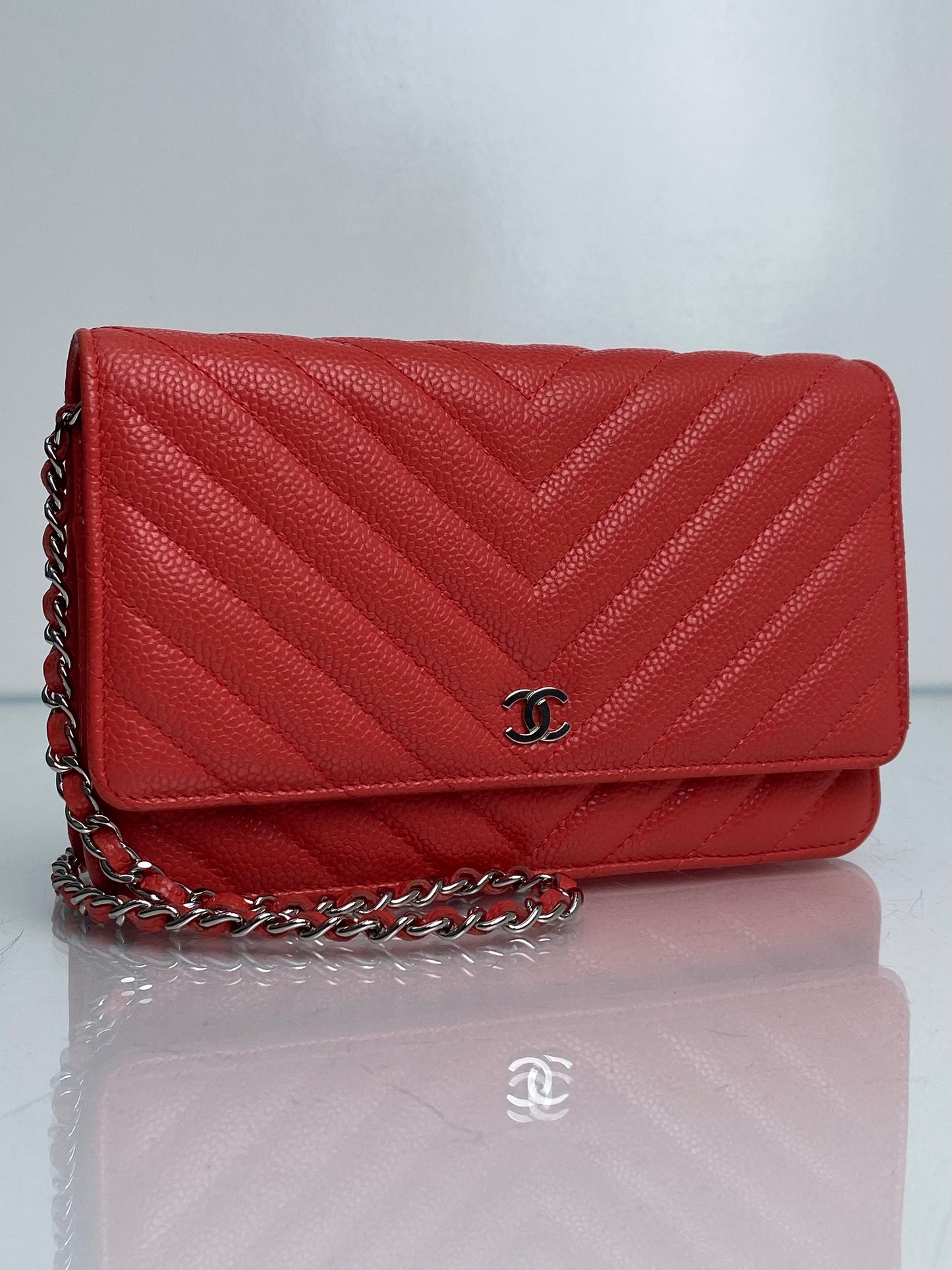 Chanel Pink & Orange Chevron Caviar Wallet On Chain Bag SHW