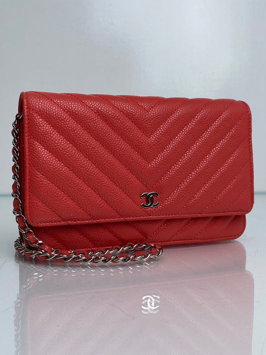 Chanel Pink & Orange Chevron Caviar Wallet On Chain Bag SHW